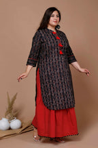 Miravan Women's Plus Size Black Printed Pure Cotton Kurta With Skirt