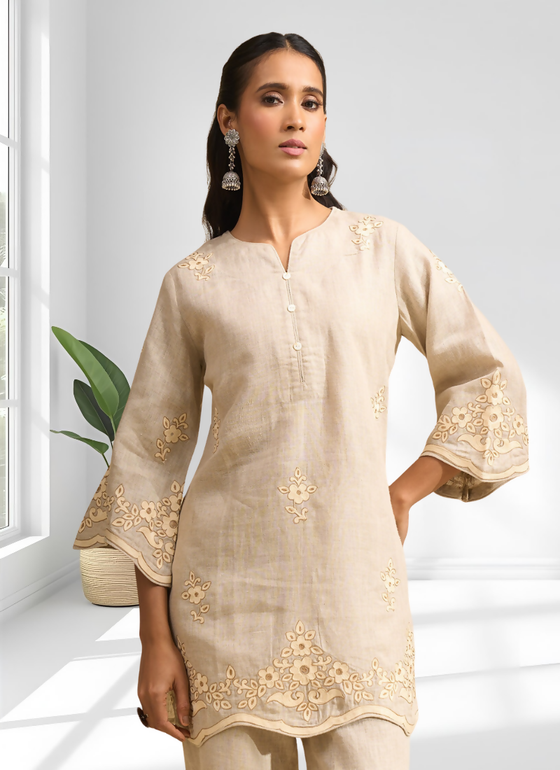 Joban Fashion Beige Linen Embroidered Readymade Cord Set - Distacart
