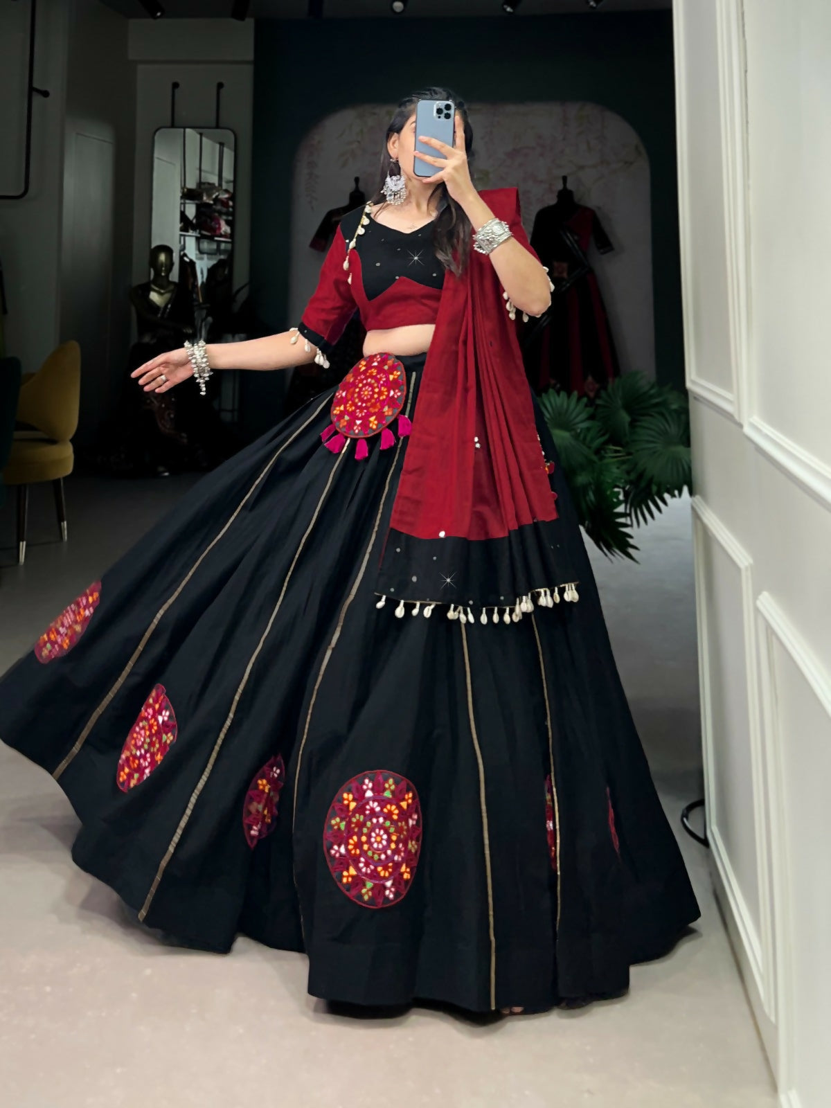 Vastranavya Navaratri Special Pure Cotton Gamthi Patch Work With Gota Patti Touch Up Lehenga Stitched Choli - Black
