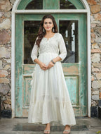Kaajh Women's Off-White Floral Embroidered Cotton Ethnic Dress - Distacart