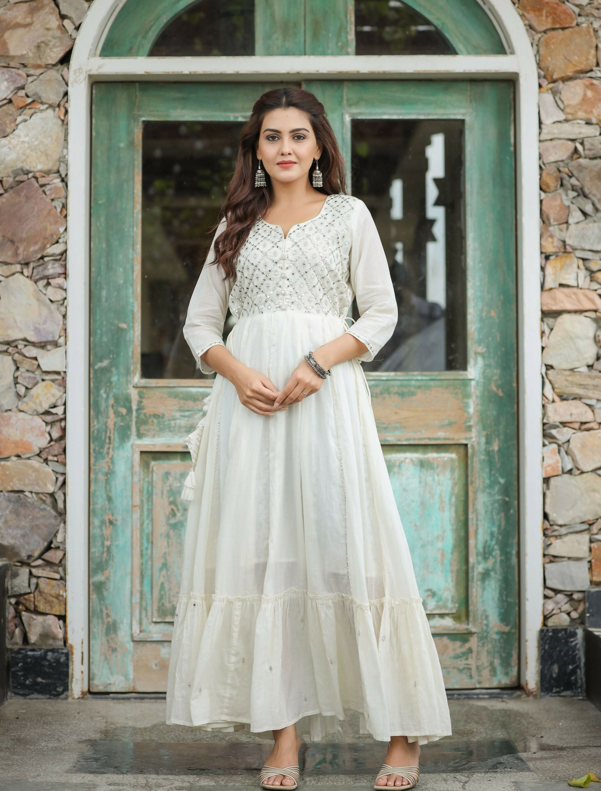 Kaajh Women's Off-White Floral Embroidered Cotton Ethnic Dress - Distacart
