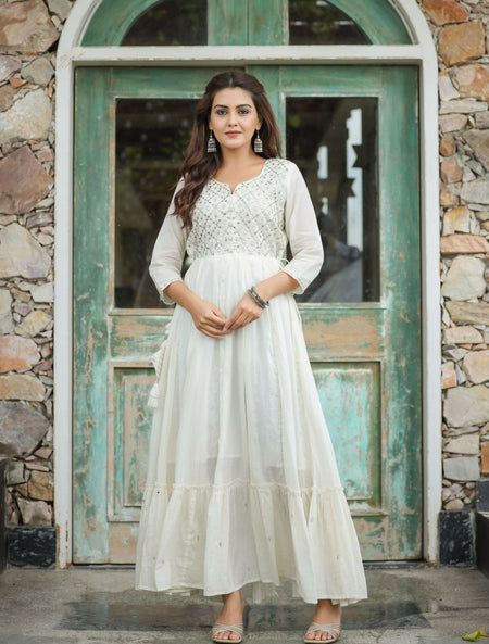 Kaajh Women's Off-White Floral Embroidered Cotton Ethnic Dress