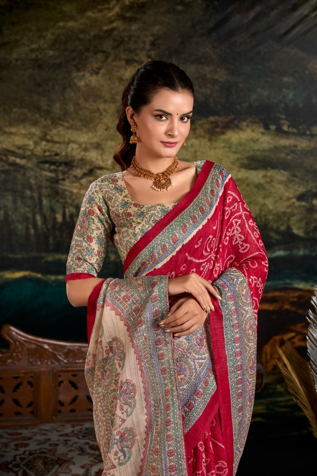 Vastranavya Maroon Silk Madhubani & Bandhej Fusion Print Saree with Unstitched Blouse