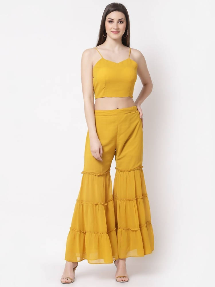 Myshka multi color Color Georgette Solid Top With Pant And Shrug Set