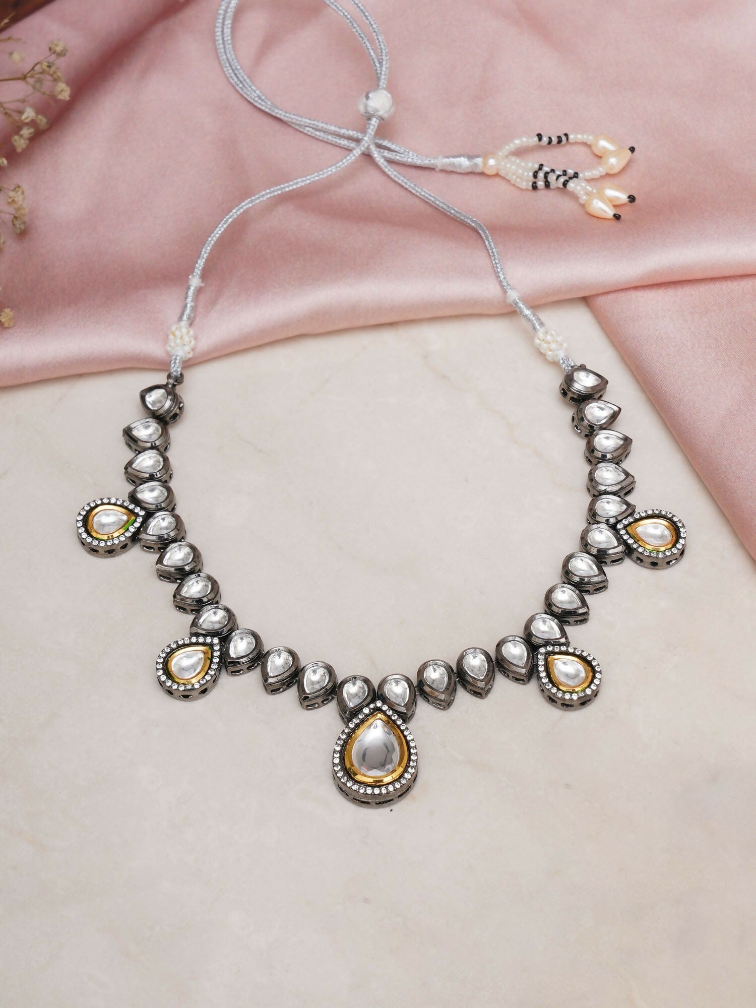 Dual Tone Kundan Neckpiece (silver) - Ruby Raang