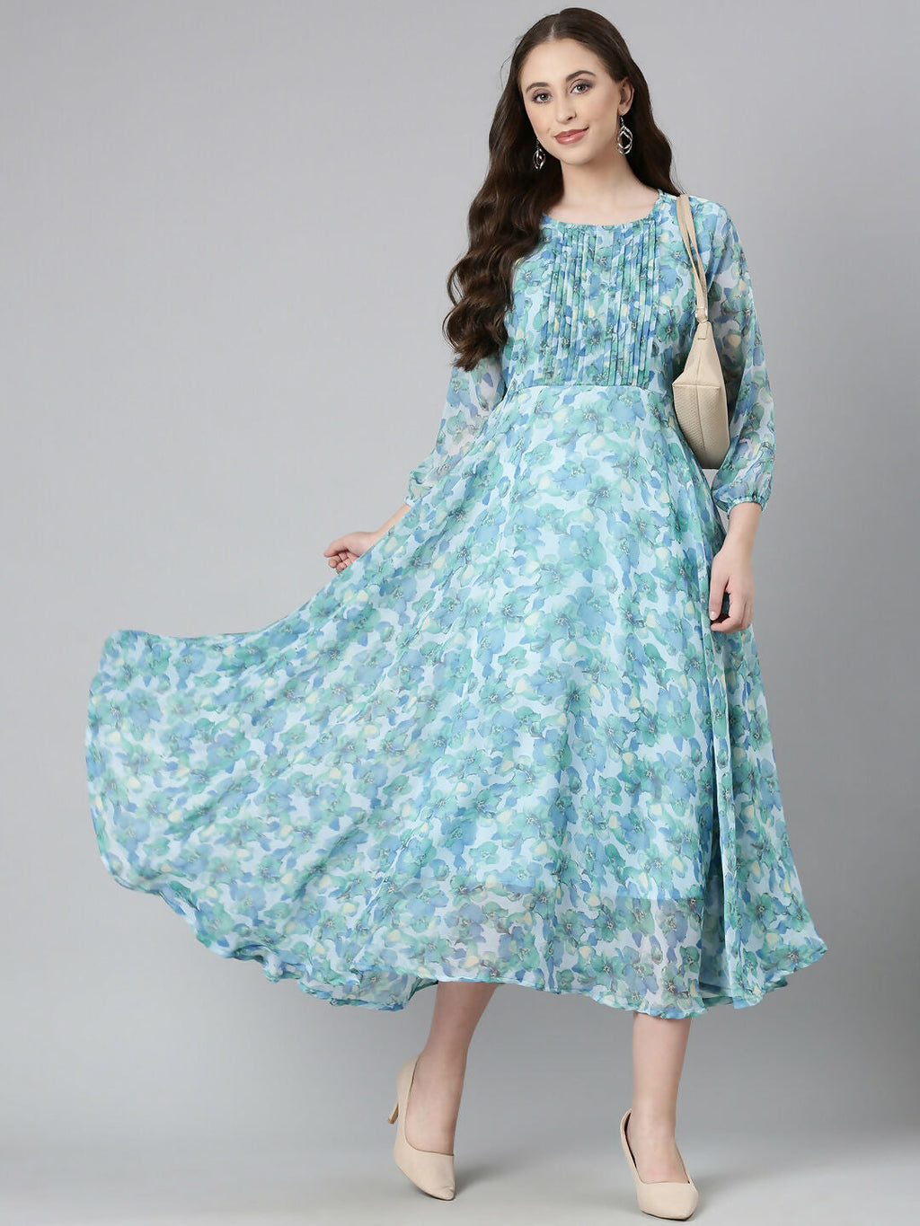 Souchii Blue Floral Chiffon Maxi Dress