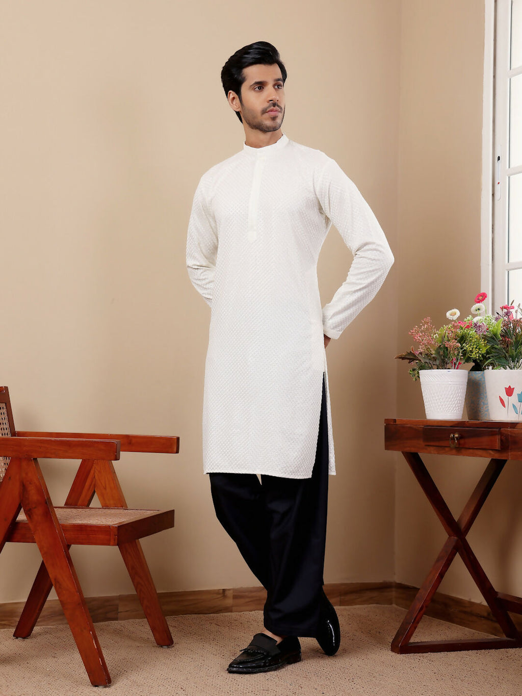 White Viscose Designer Chikankari Embroidery Work Men's Kurta - Mahotsav