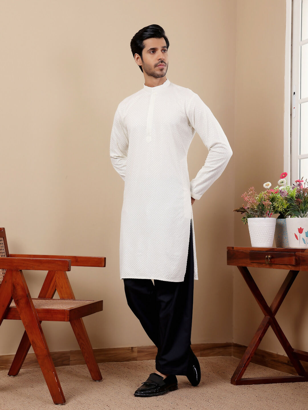 White Viscose Designer Chikankari Embroidery Work Men's Kurta - Mahotsav