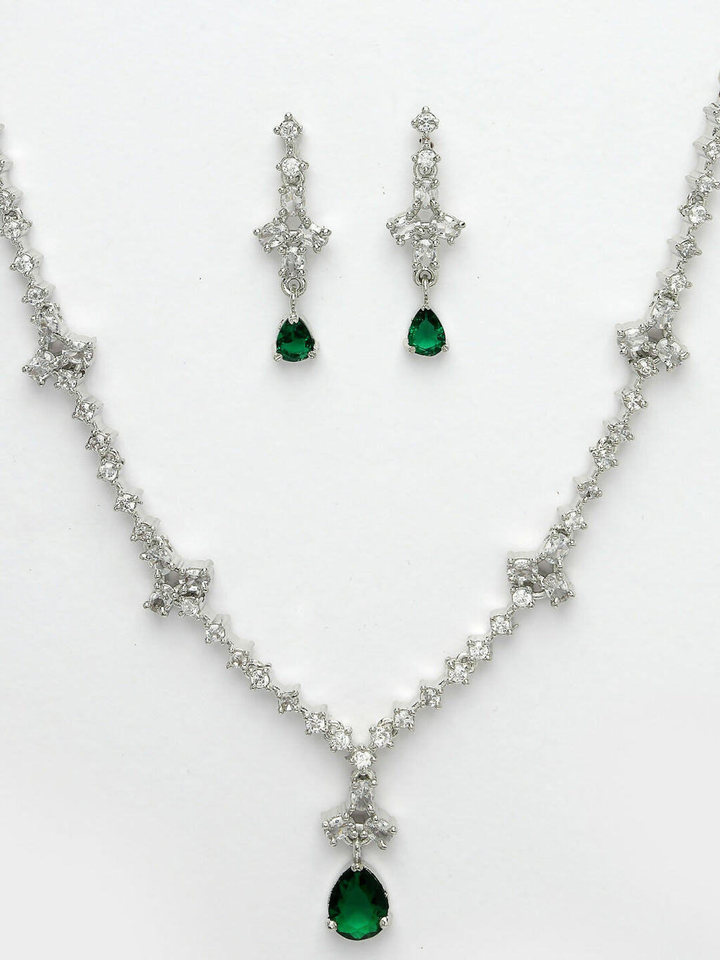 NVR Women's Silver-Plated Green American Diamond Studded Jewellery Set