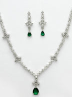 NVR Women's Silver-Plated Green American Diamond Studded Jewellery Set