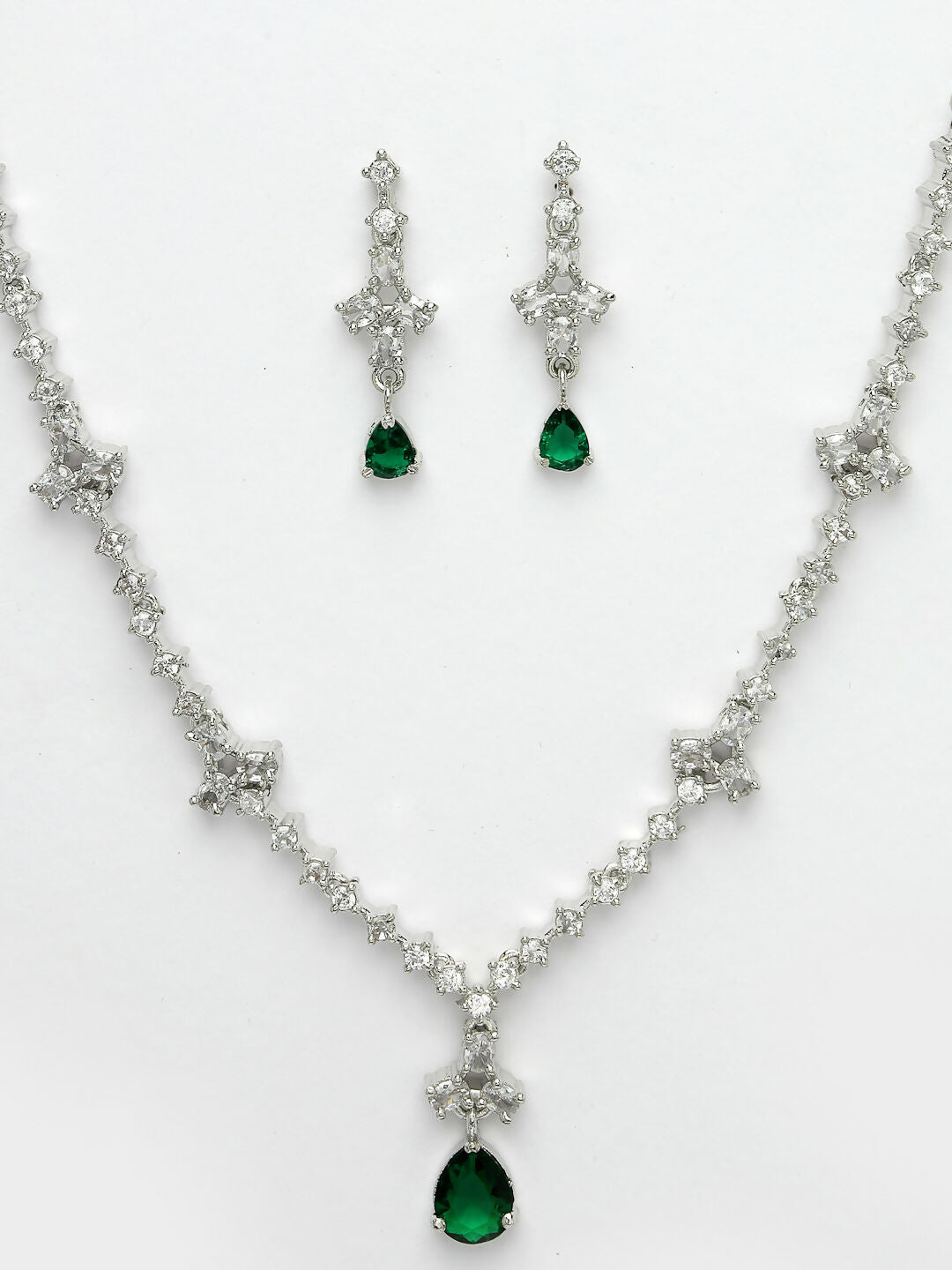 NVR Women's Silver-Plated Green American Diamond Studded Jewellery Set