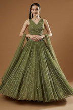 Jyoti Fashion Glamorous Olive Green Zari and Thread Embroidered Georgette Lehenga Choli with Dupatta