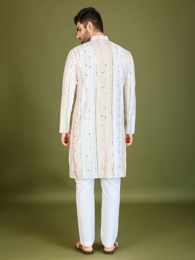 Vastranavya White Exclusive Festival Wear Pure Viscose Rayon Sequence & Foil Mirror Heavy Embroidered Work Kurta