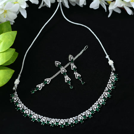 Mominos Fashion Johar Kamal Silver-Plated American Diamond Green Choker Set