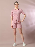Myshka Women's Pink Solid Shirt Collar Party Shirt With Shorts Co-ord set