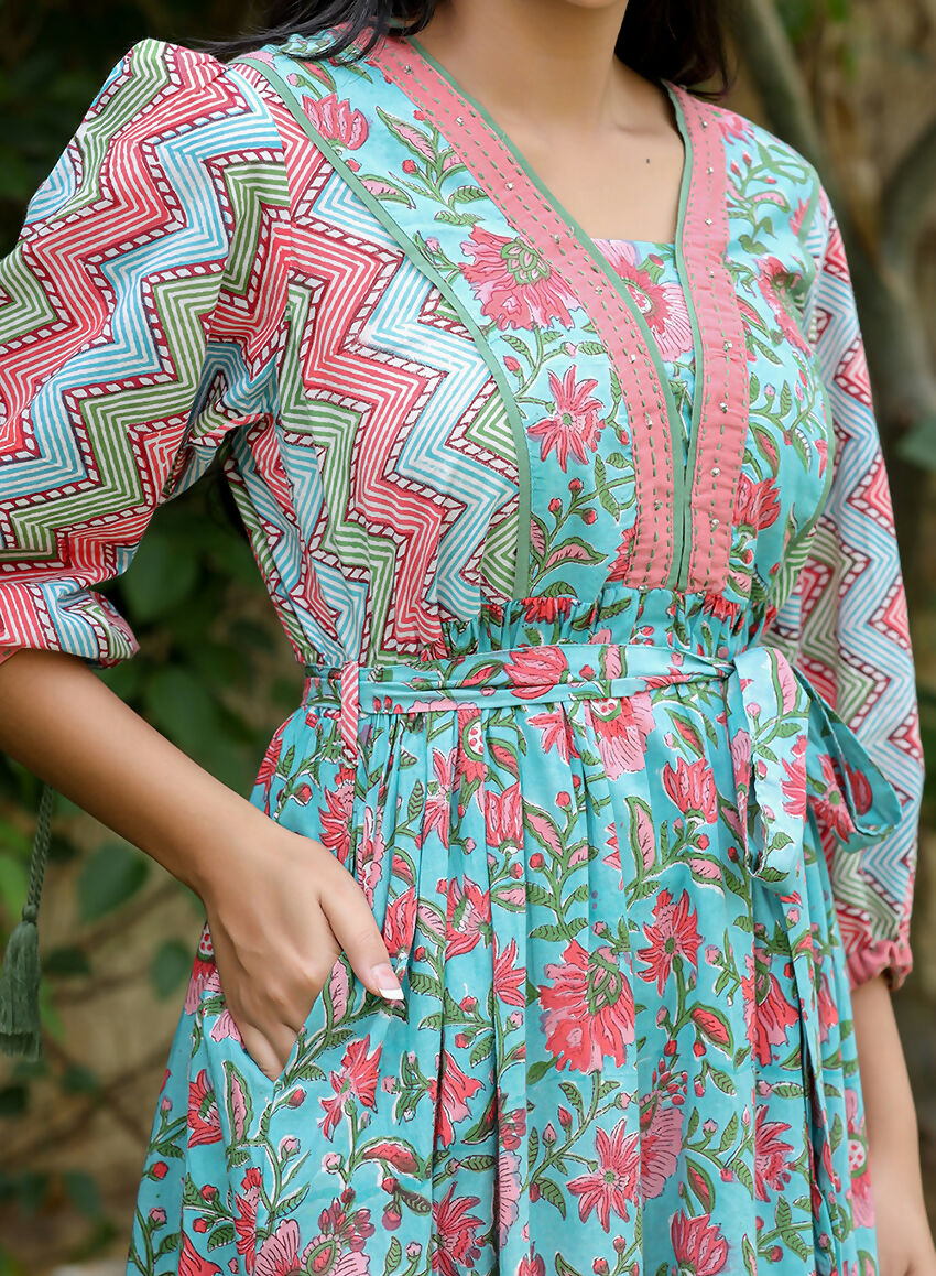 Kaajh Women's Green Hand Block Printed Dress - Distacart
