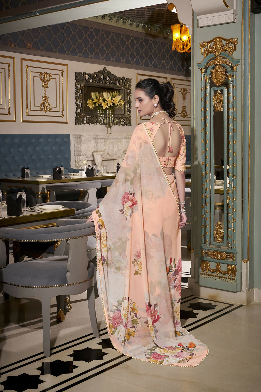 Vastranavya Peach Spectacular Georgette Printed with Pearl Lace Saree with Unstitched Blouse - Distacart