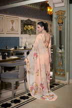 Vastranavya Peach Spectacular Georgette Printed with Pearl Lace Saree with Unstitched Blouse - Distacart