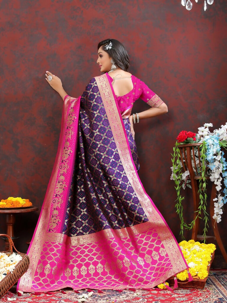 Vastranavya Navy Blue Soft Patola Silk With Meenakari Weaving Motifs And Rich Zari Weaving Pallu Saree With Matching Blouse Fabric