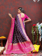 Vastranavya Navy Blue Soft Patola Silk With Meenakari Weaving Motifs And Rich Zari Weaving Pallu Saree With Matching Blouse Fabric