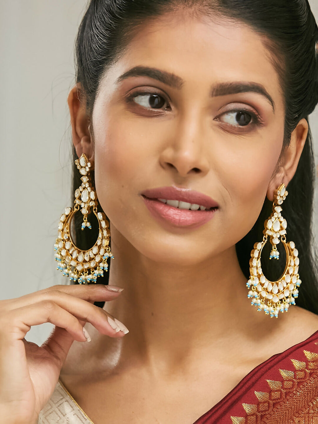 Nuyug 22K Gold-Plated Kundan Stone Studded & Pearl Beaded Chandbalis - Distacart