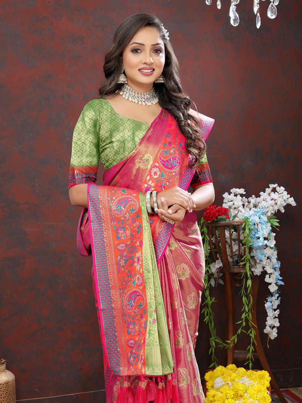 Lorenvalley Fashion Magenta Kanjivaram Silk Woven Design with Zari Weaving Saree