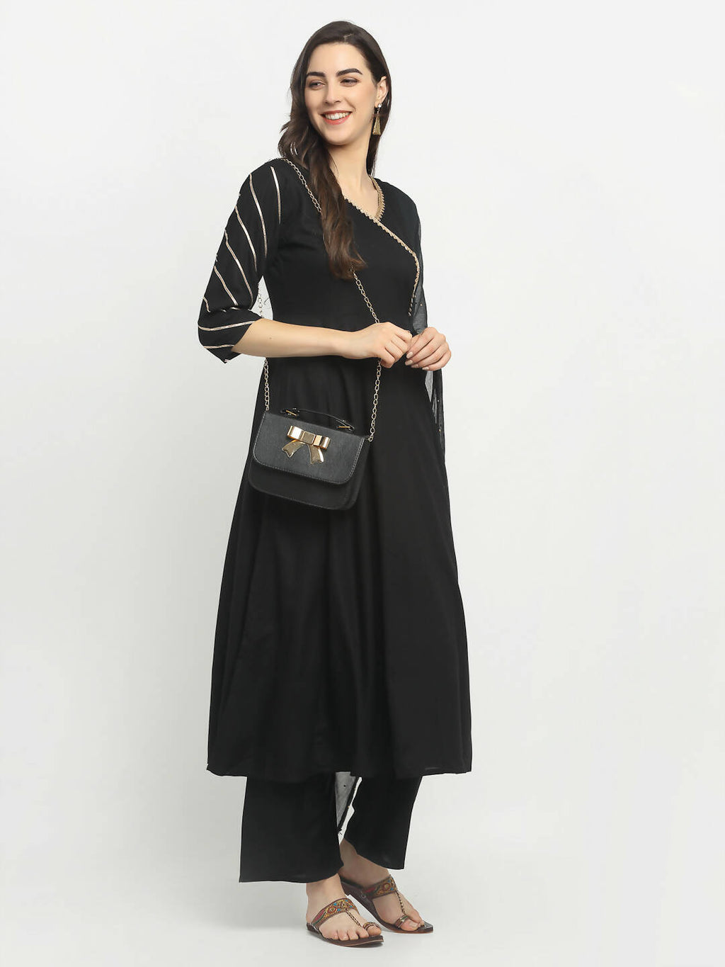 Rudra Bazaar Black Angrakha Style Flared Kurta with Pyjamas & Dupatta - Distacart