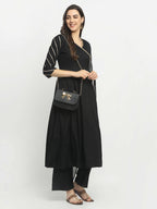 Rudra Bazaar Black Angrakha Style Flared Kurta with Pyjamas & Dupatta - Distacart