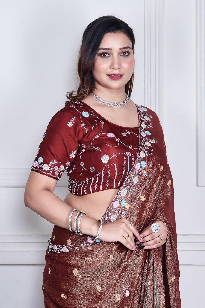 Morchari Brown Pure Chiffon Hand Embroidery Saree And Stitched Blouse - Distacart