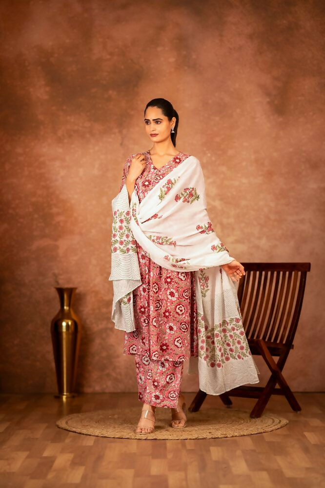 Joban Fashion Pink Hand Block Printed Cotton Suit Set - Distacart