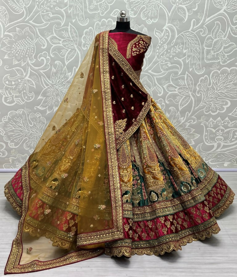 Jyoti Fashion Women's Mustard Velvet Multi Thread Embroidered, Patch Work with Zircon Diamond Wedding Lehenga Choli