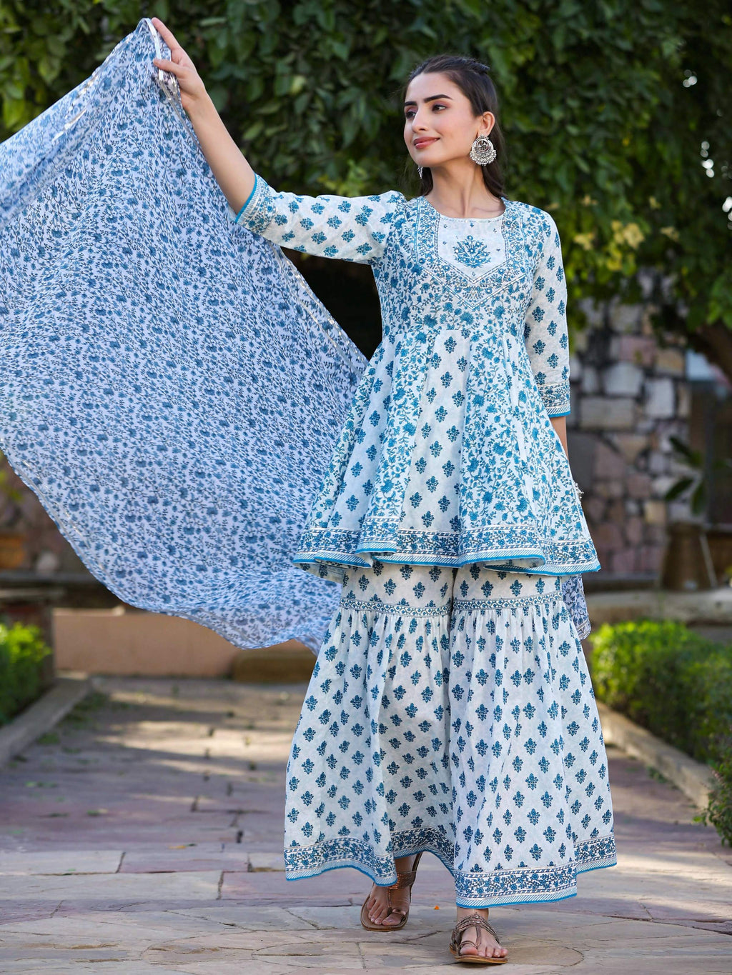 Juniper Women's Blue Cotton Cambric Floral Placement Printed Anarkali Kurta Sharara & Dupatta Set - Distacart