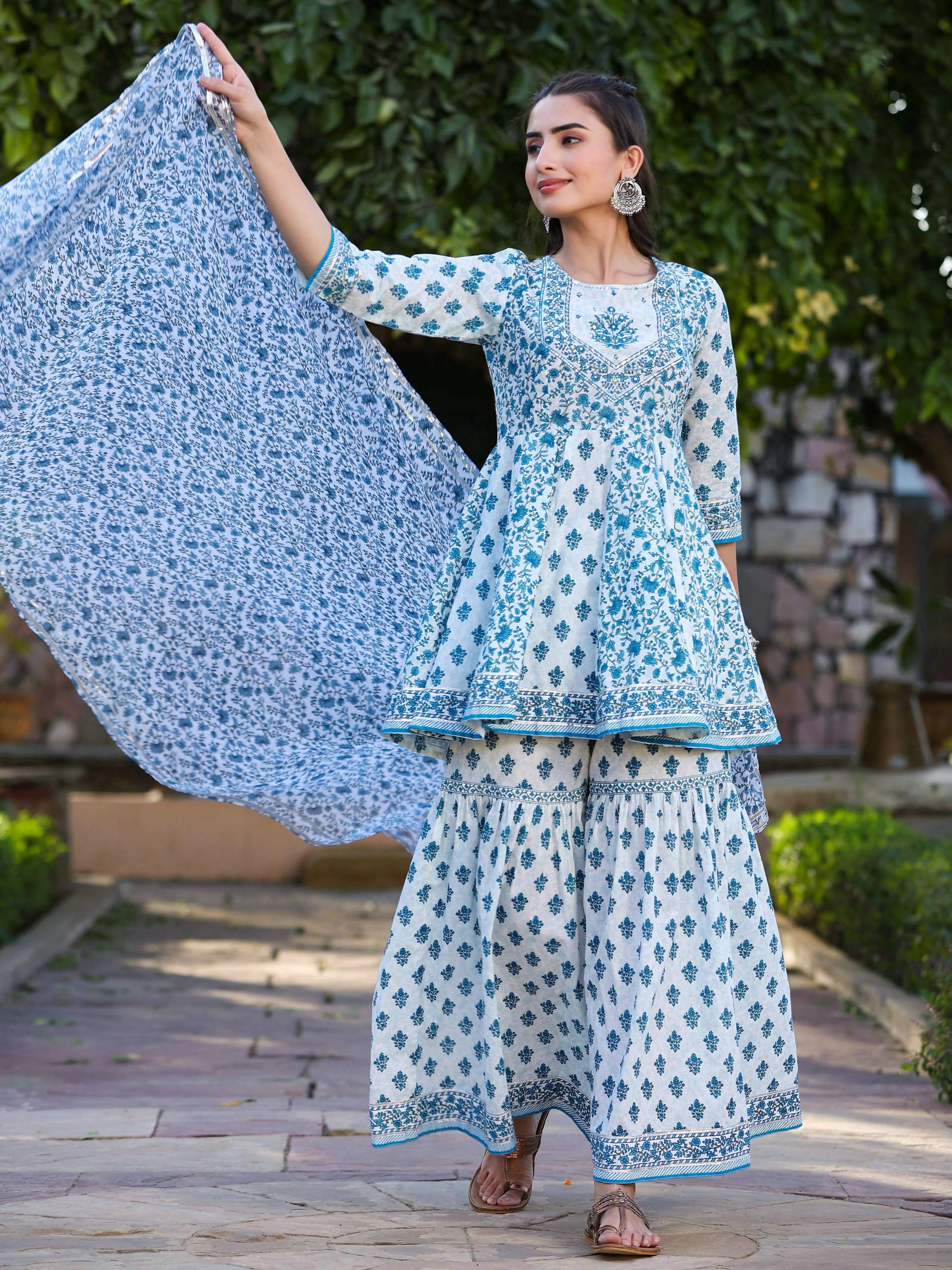 Juniper Women's Blue Cotton Cambric Floral Placement Printed Anarkali Kurta Sharara & Dupatta Set - Distacart