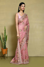 Pink Net Organza Silk Thread Emboidered with Stone Work Saree - Nimaya Benzy
