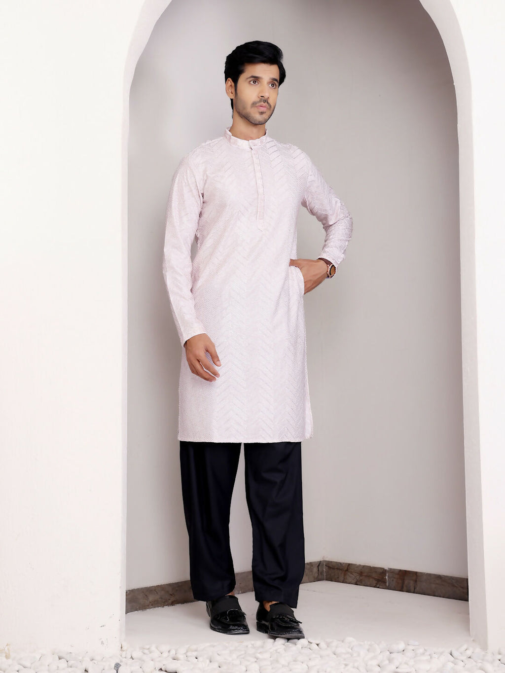 Light Pink Georgette Designer Chikankari Embroidery Work Men's Kurta - Mahotsav