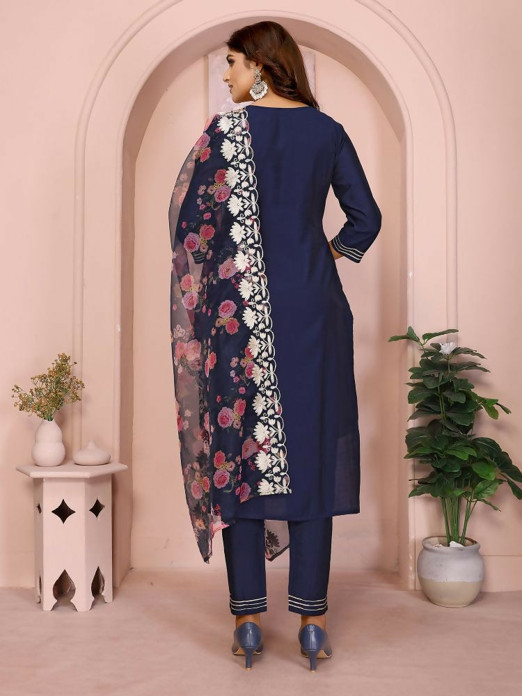 Joban Fashion Women Navy Blue Roman Embroidery Stitched Kurta Set - Distacart