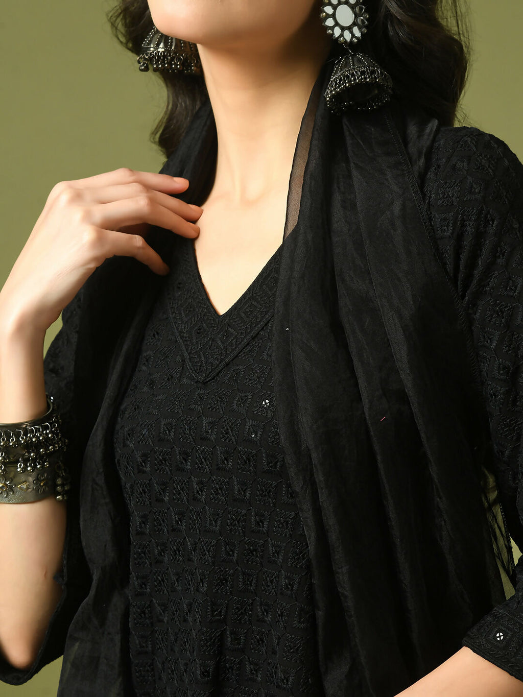 Myshka Women's Black Embroidered Cotton A-Line Party Kurta Set With Dupatta