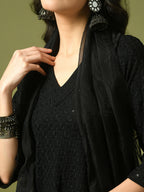 Myshka Women's Black Embroidered Cotton A-Line Party Kurta Set With Dupatta