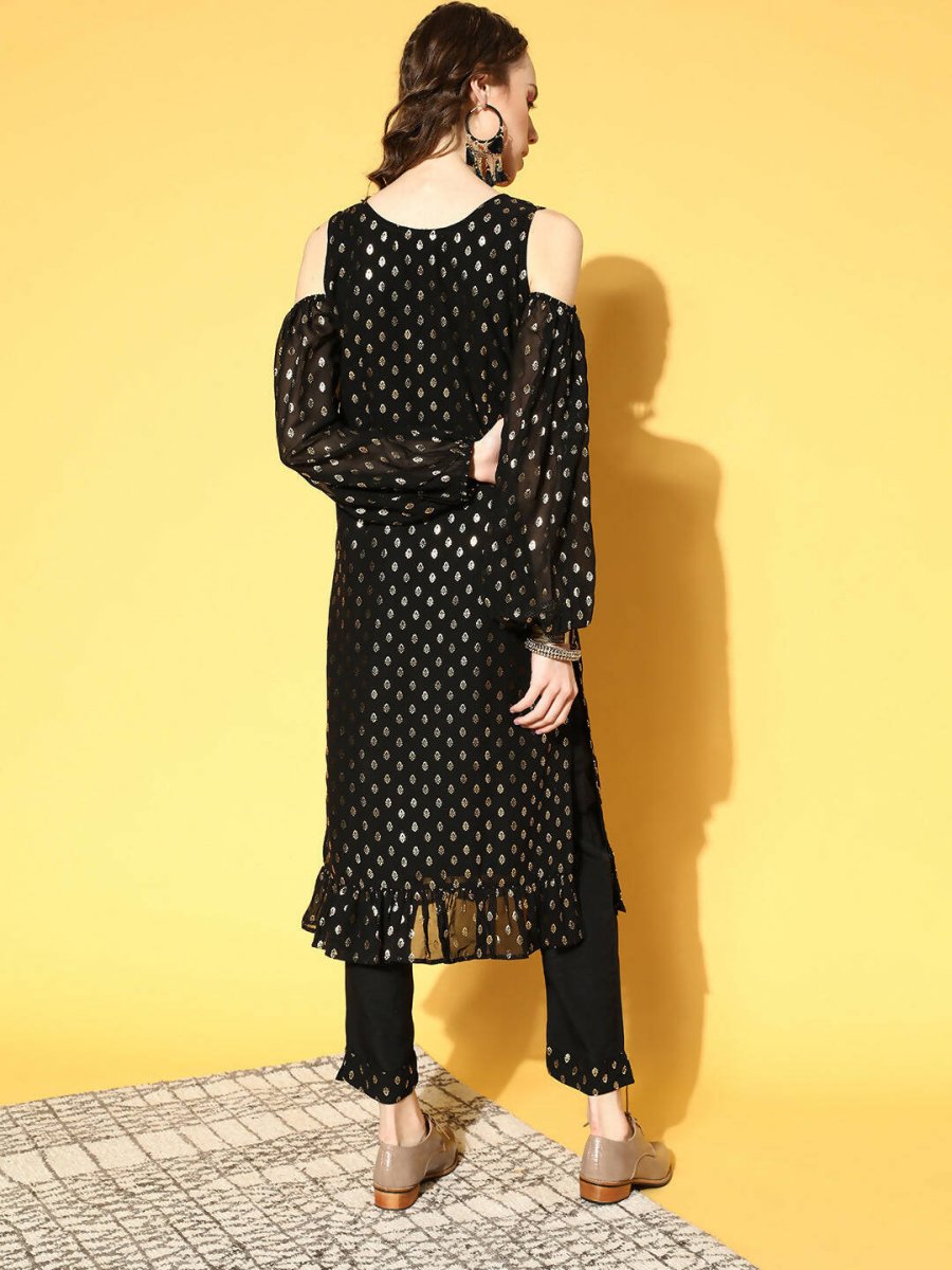 Ahalyaa Women Black Colour Georgette Gold Foil Printed Kurta Pant Set - Distacart