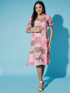 Myshka Women Multi-Geometric Rayon A-Line V-Neck Dress - Distacart