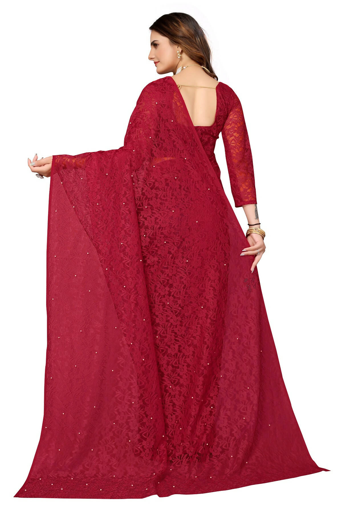 Vamika Maroon Pearls Net Saree - Distacart