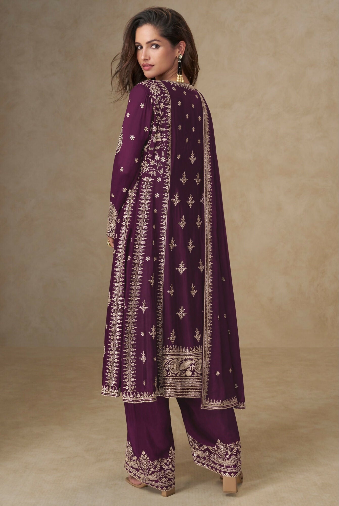 Anaita Dark Purple Chinon Silk Stitched Suit with Embroidery & Sequence Work - Distacart