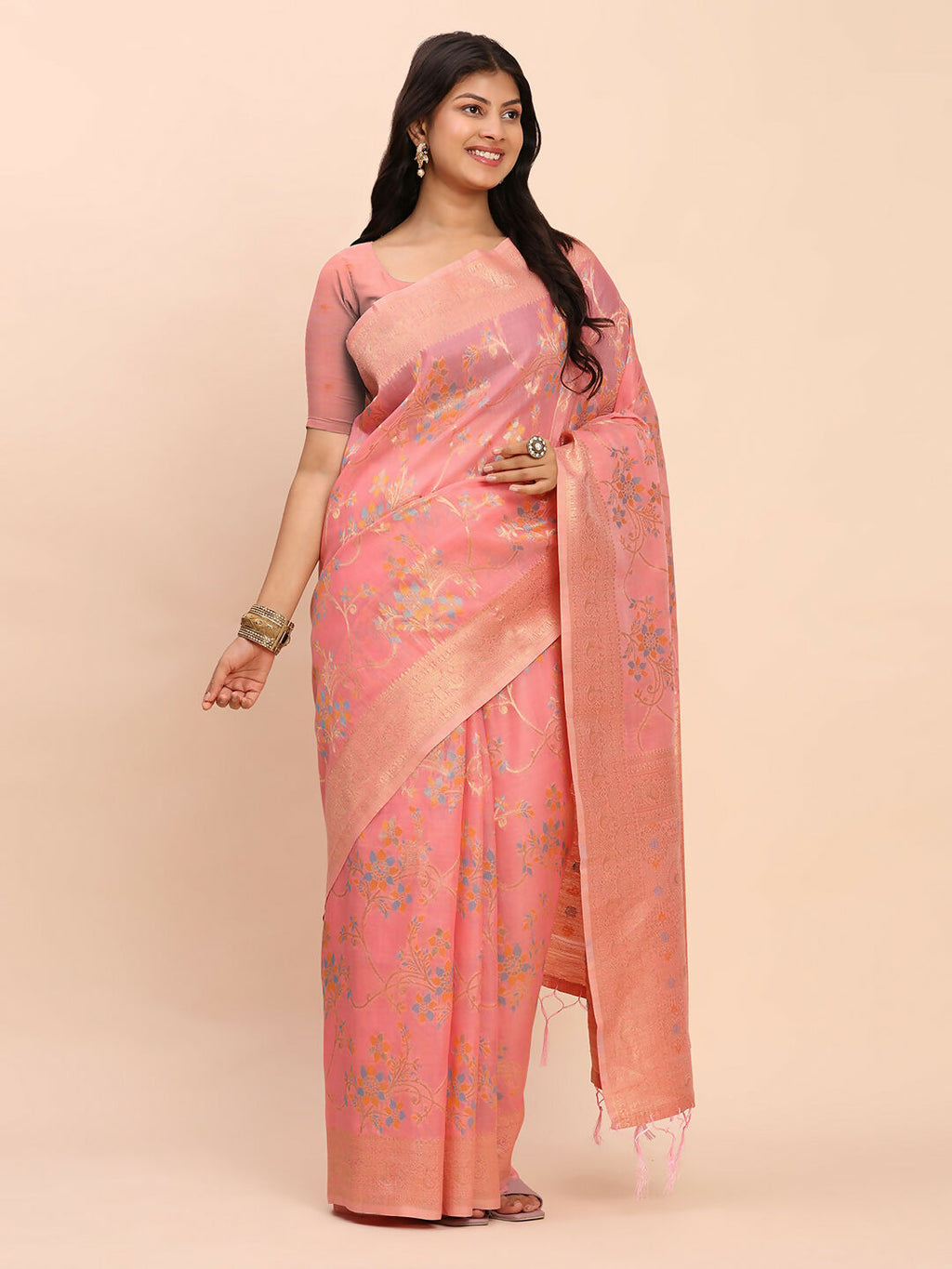 Shree Shyam Fashion Linen Cotton Peach Saree - Distacart