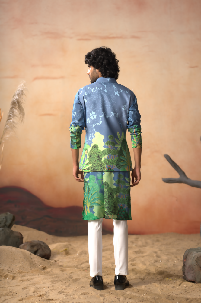 Tree Bark Classy Print Silk Nehrujacket Set by Hilo Design
