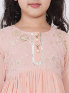 Little Bansi Girls Cotton Gotta Patti Kurta frock with Sharara & Dupatta - Peach