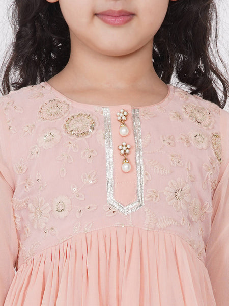 Little Bansi Girls Cotton Gotta Patti Kurta frock with Sharara & Dupatta - Peach
