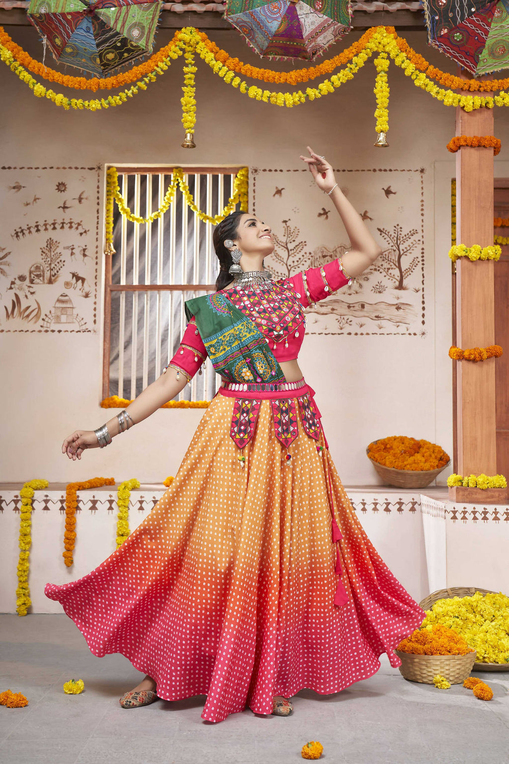 Yellow Rayon All over Print with Embroidery Patch Work Navratri Lehenga Choli with Dupatta - Raas