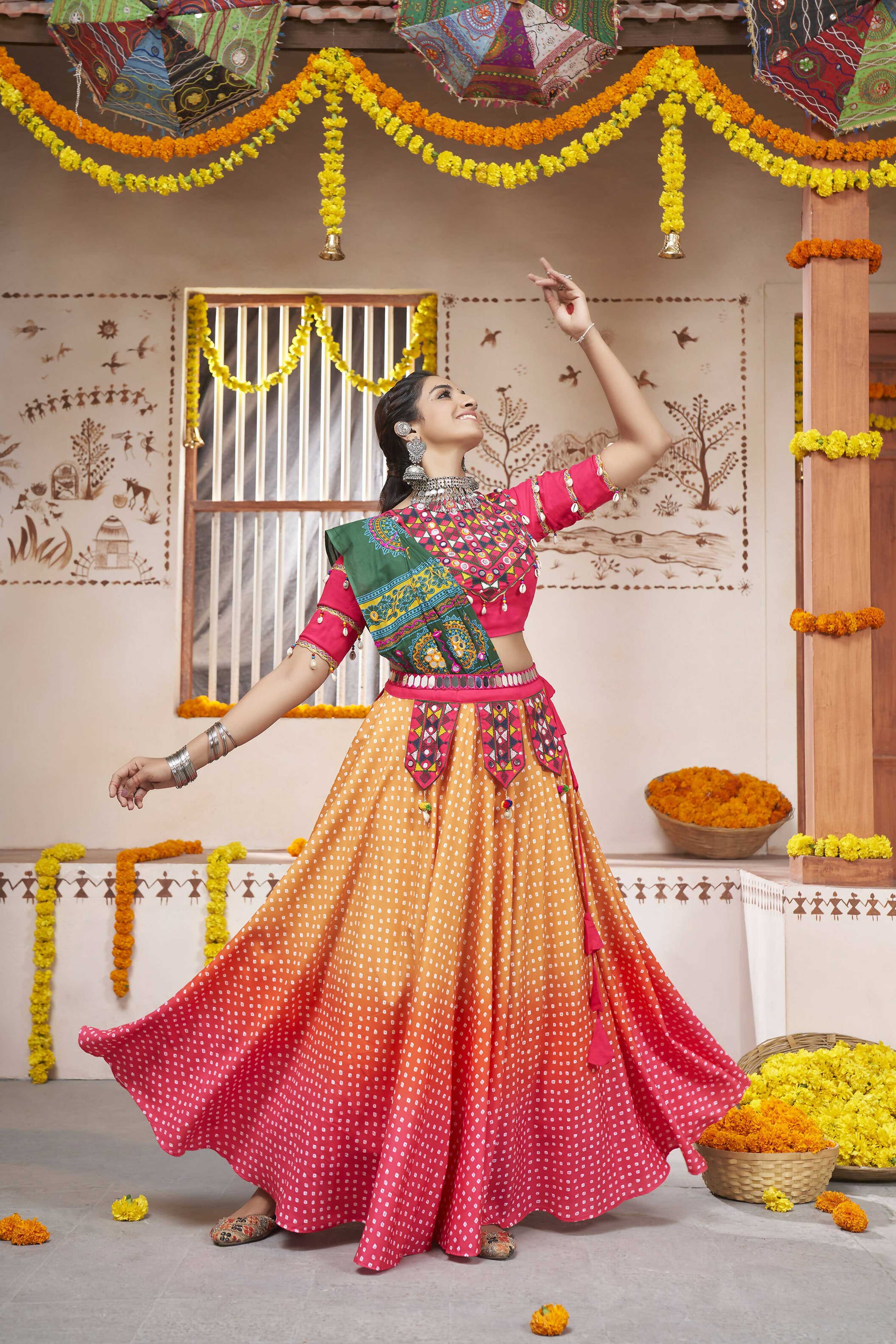Yellow Rayon All over Print with Embroidery Patch Work Navratri Lehenga Choli with Dupatta - Raas