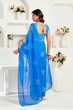 Vastranavya Blue Digital Printed Linen Ready To Wear Designer Saree with Unstitched Blouse - Distacart