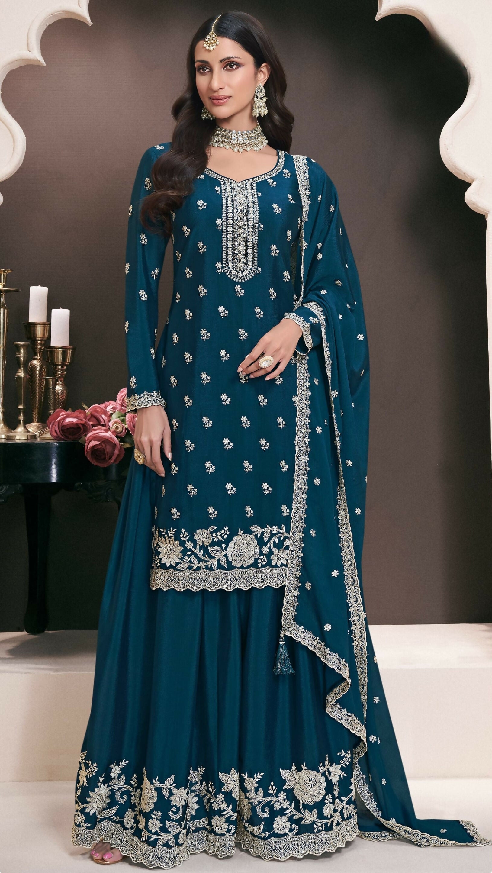 Anaita Teal Green Chinon Embroidered Thread Work Stitched Salwar Suit